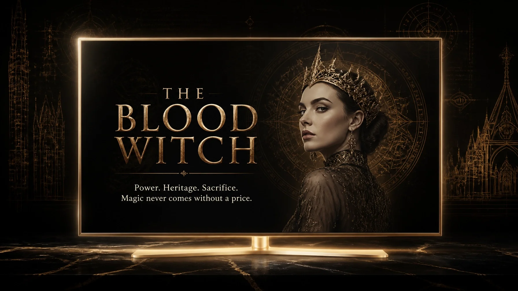 Promotional image for the movie 'The Blood Witch' featuring a woman with dark hair and makeup, wearing a black dress with gold embellishments, and a golden crown or headpiece. The background has a dark, mystical design with golden architectural sketches of a castle or cathedral, and the movie title and tagline are displayed in gold text.