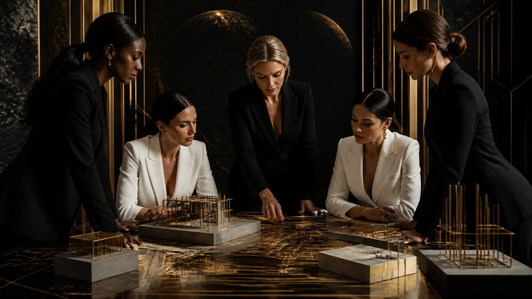 Five women in black and white formal suits gathered around a luxurious gold and black table, examining architectural models in a dark, elegant room.