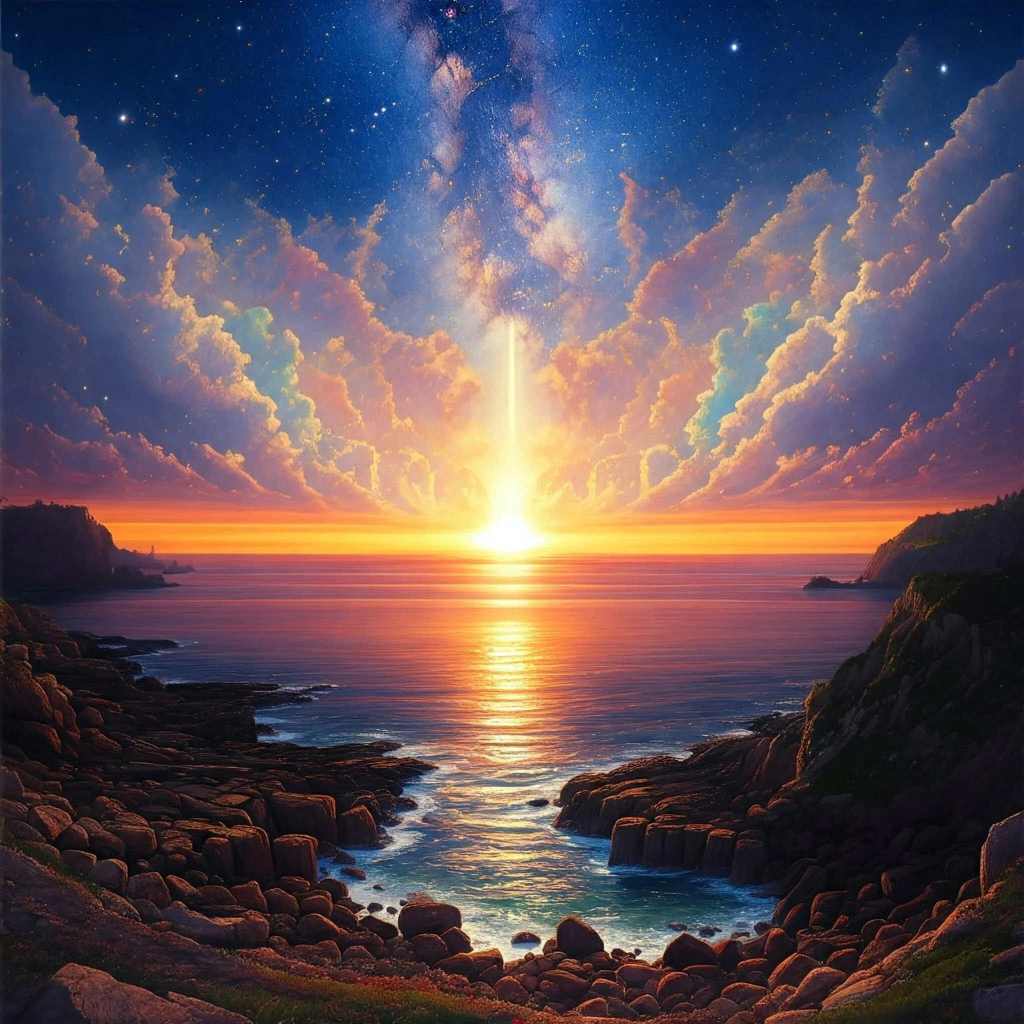 A scenic view of a sunset over the ocean with clouds and the Milky Way galaxy visible in the sky. The shoreline features rocky formations and distant hills.