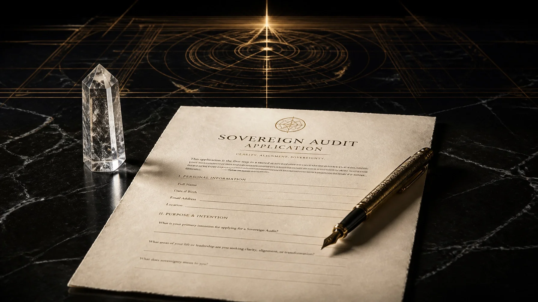 A document titled "Sovereign Audit Application" on a black marble surface with a gold and black pen and a clear crystal object nearby, with a glowing geometric design in the background.