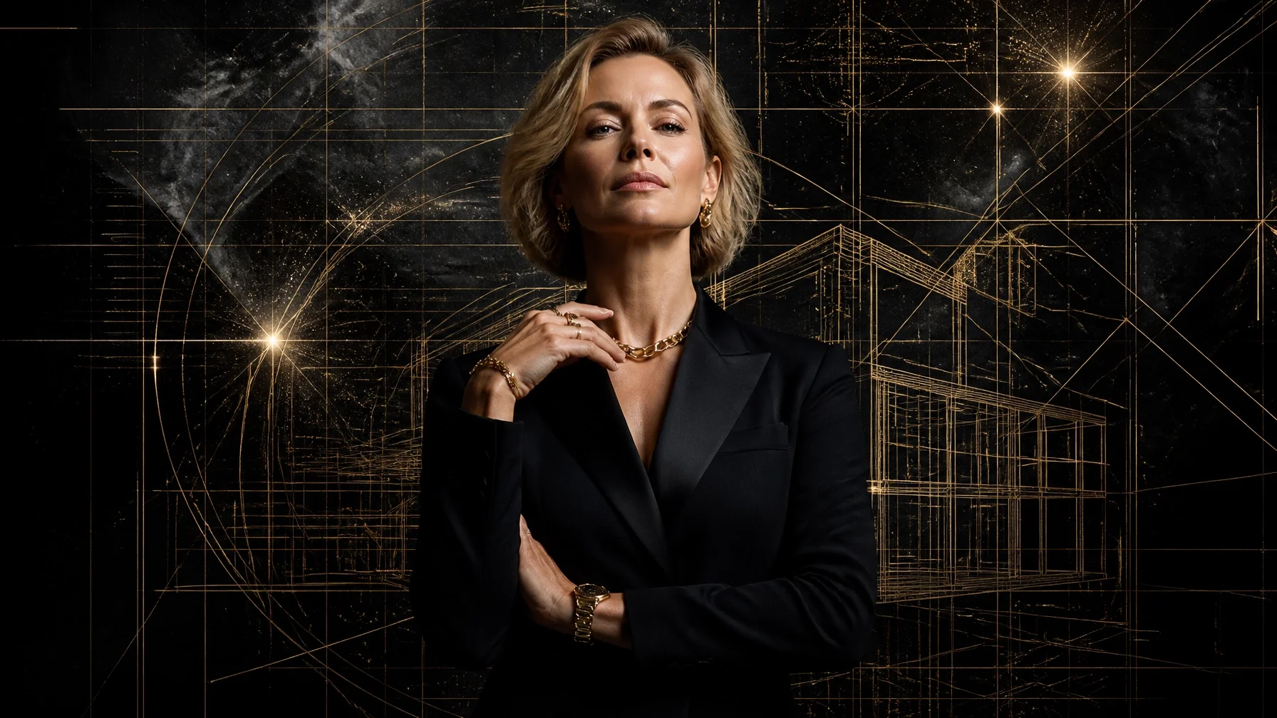 A confident woman with blonde hair, dressed in a black blazer, wearing gold jewelry including earrings, necklace, bracelet, and watch, standing in front of a futuristic digital background with gold geometric lines and star-like points of light, resembling a sci-fi or technological theme.