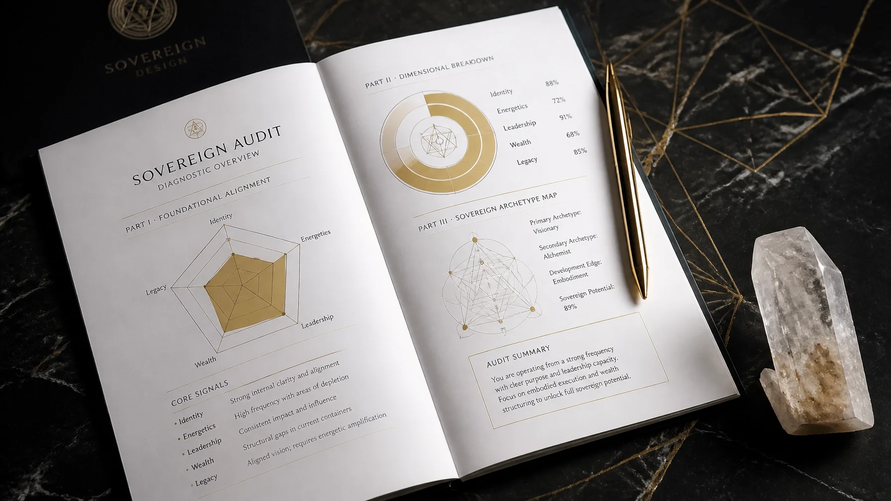 Open booklet titled 'Sovereign Audit' on a black marble surface, with a gold pen and a large clear quartz crystal nearby. The pages show diagnostic overview and detailed charts, including a radar chart, a circular diagram, and a 3D network diagram.