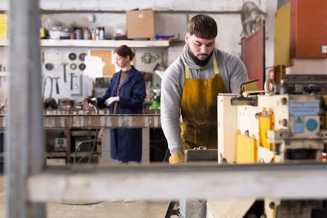 A young man working with machinery in a workshop, with a woman in the background engaged in similar work.