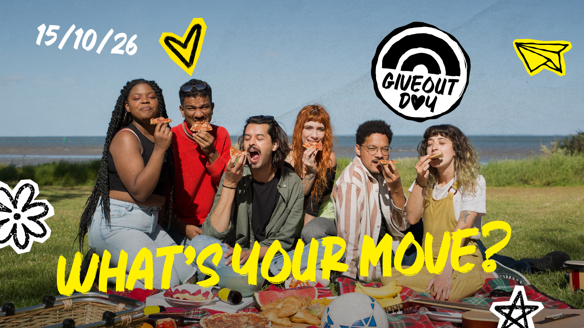 Friends eating pizza at a GiveOUT Day picnic. Text: What's your move?
