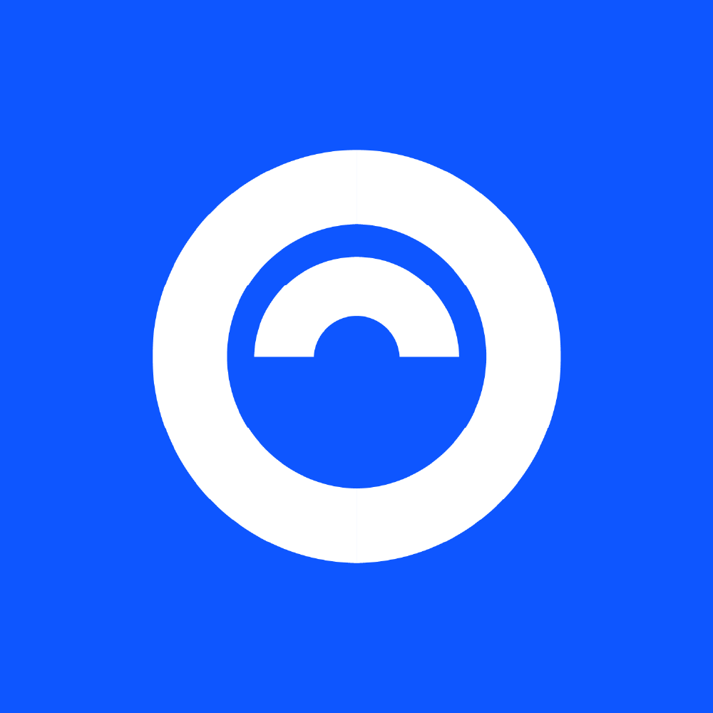 Stylised circular icon in white on a bright blue background, featuring layered concentric shapes suggestive of connection, giving, and collective impact.