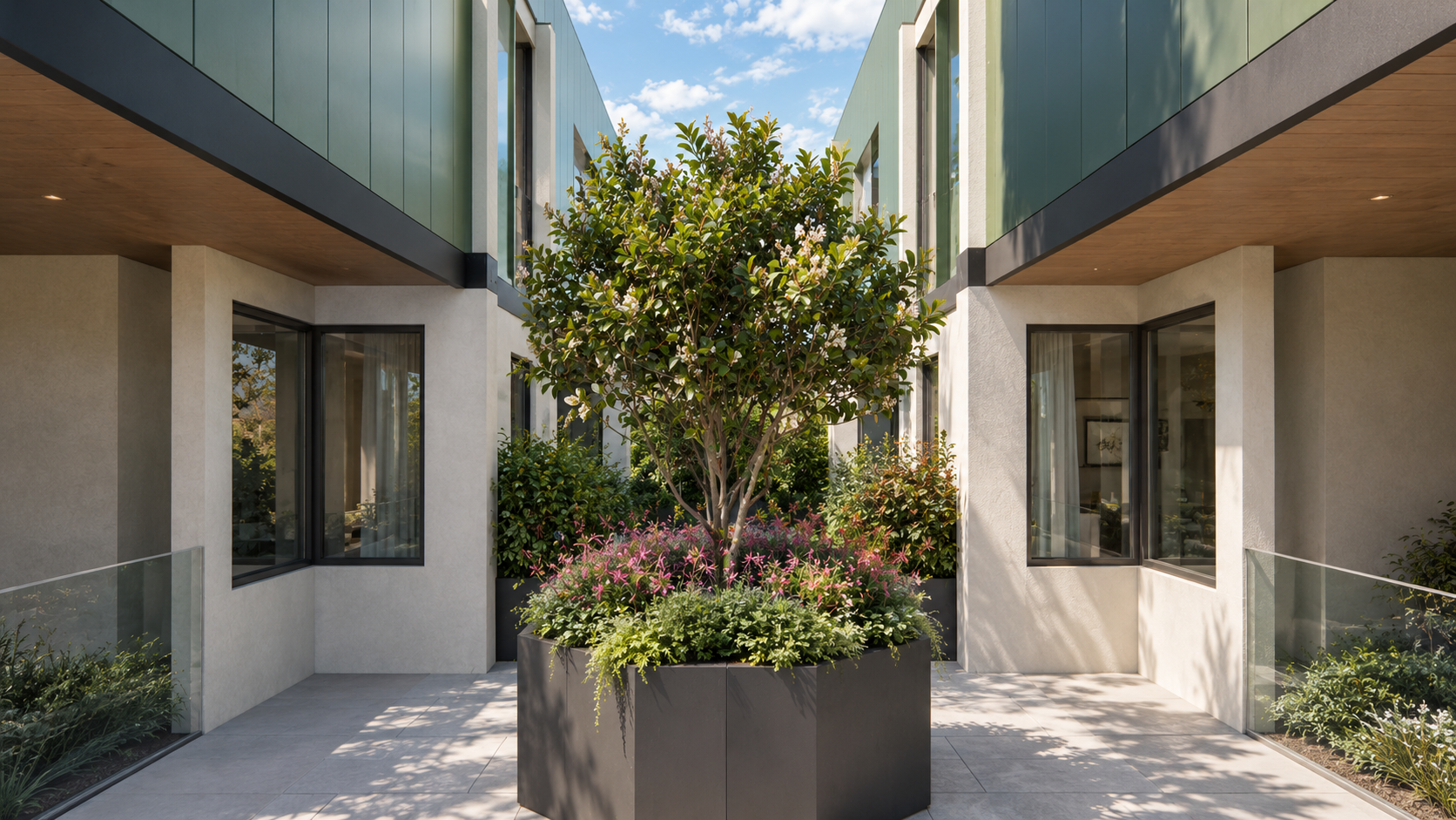 Modern Courtyard with Flowering Tree.png