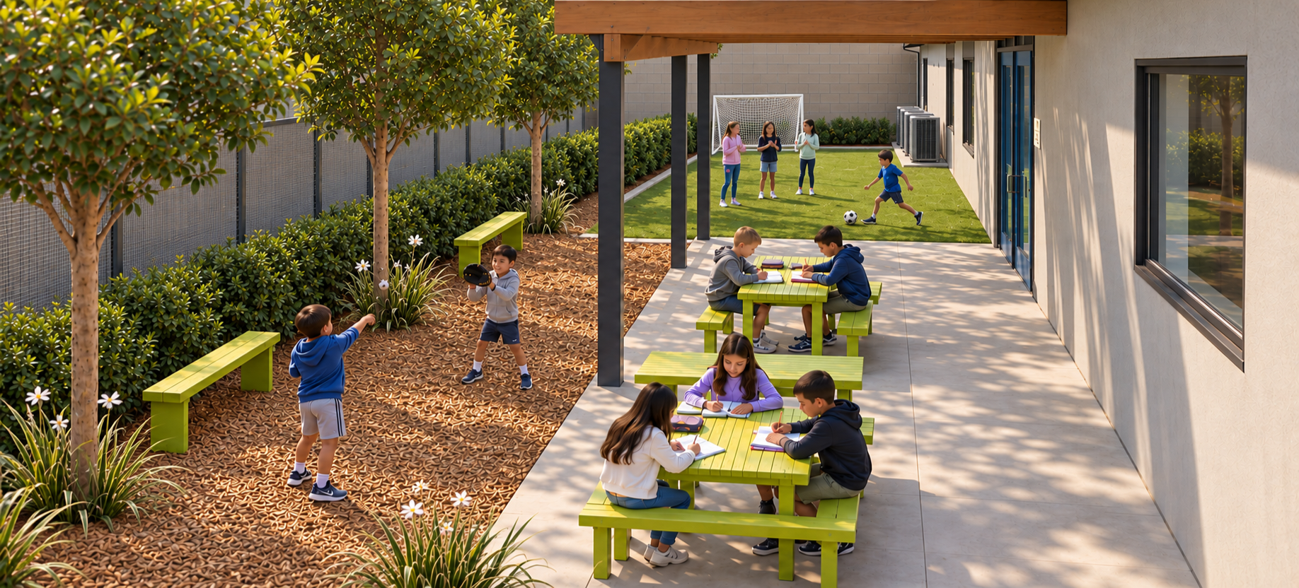 Young kids play outside at an after-school care center