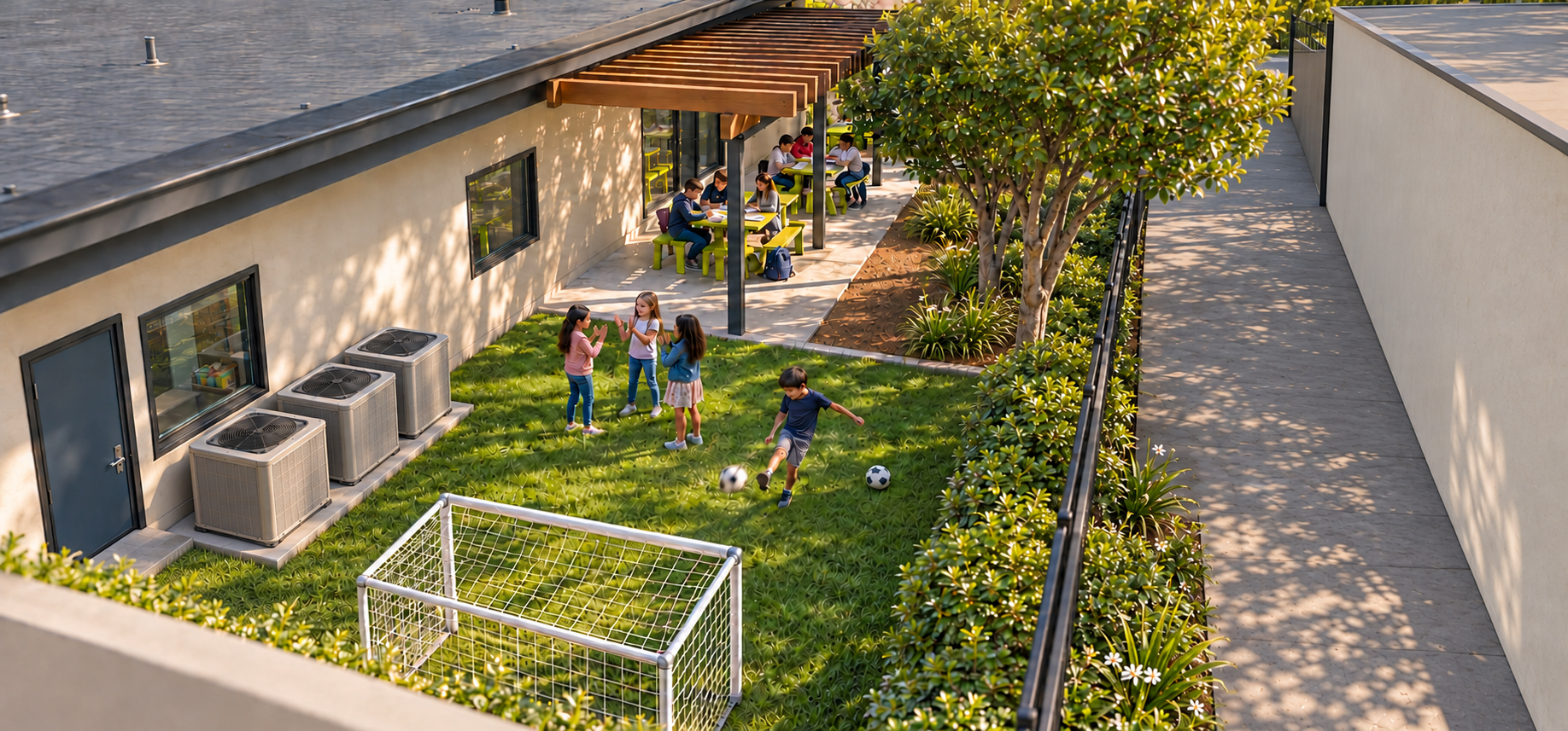 Courtyard with relocated laurel and condensers.png