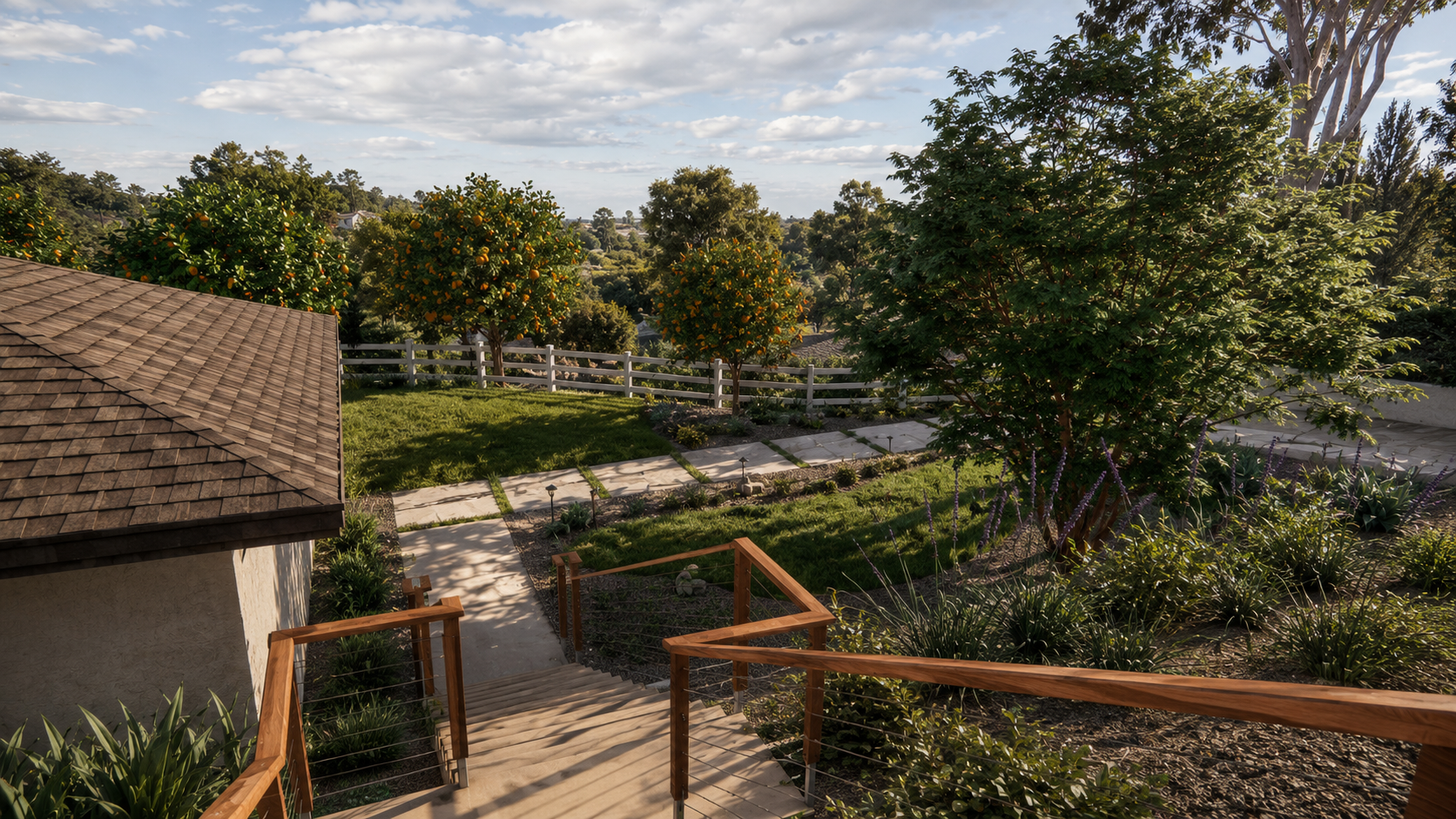 Cable rail stairs down from the main house to the detached garage for a typical Rolling Hills CA home.
