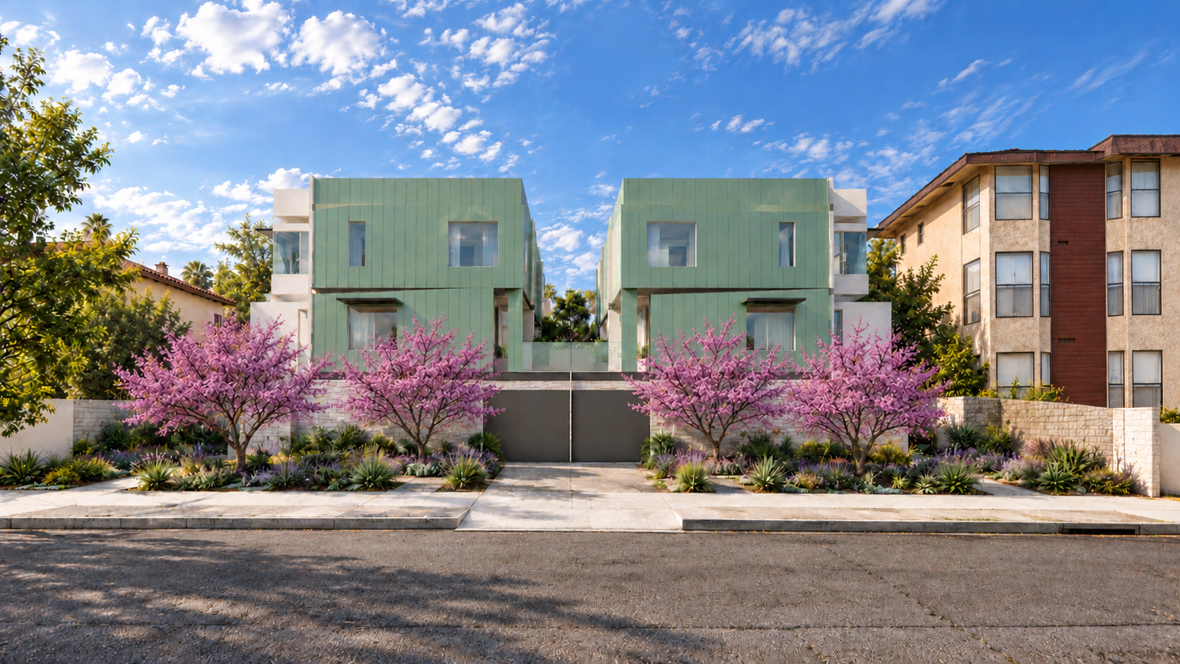 Blooming redbuds beside a sage-green building.png