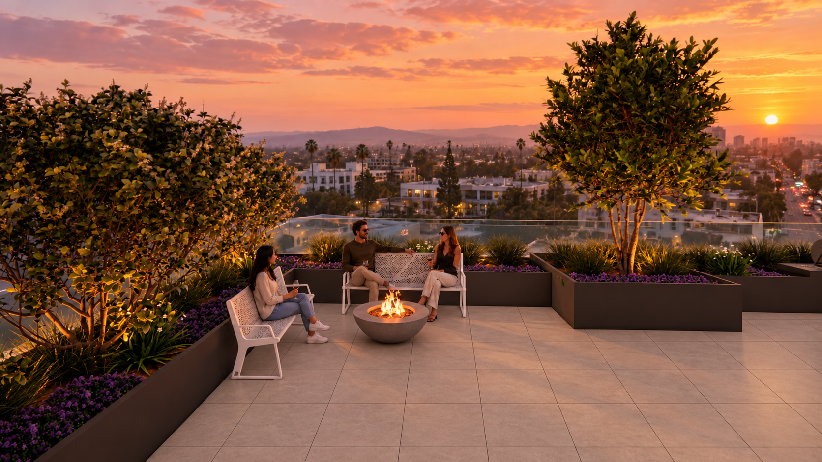 Sunset rooftop lounge with square tiles.png