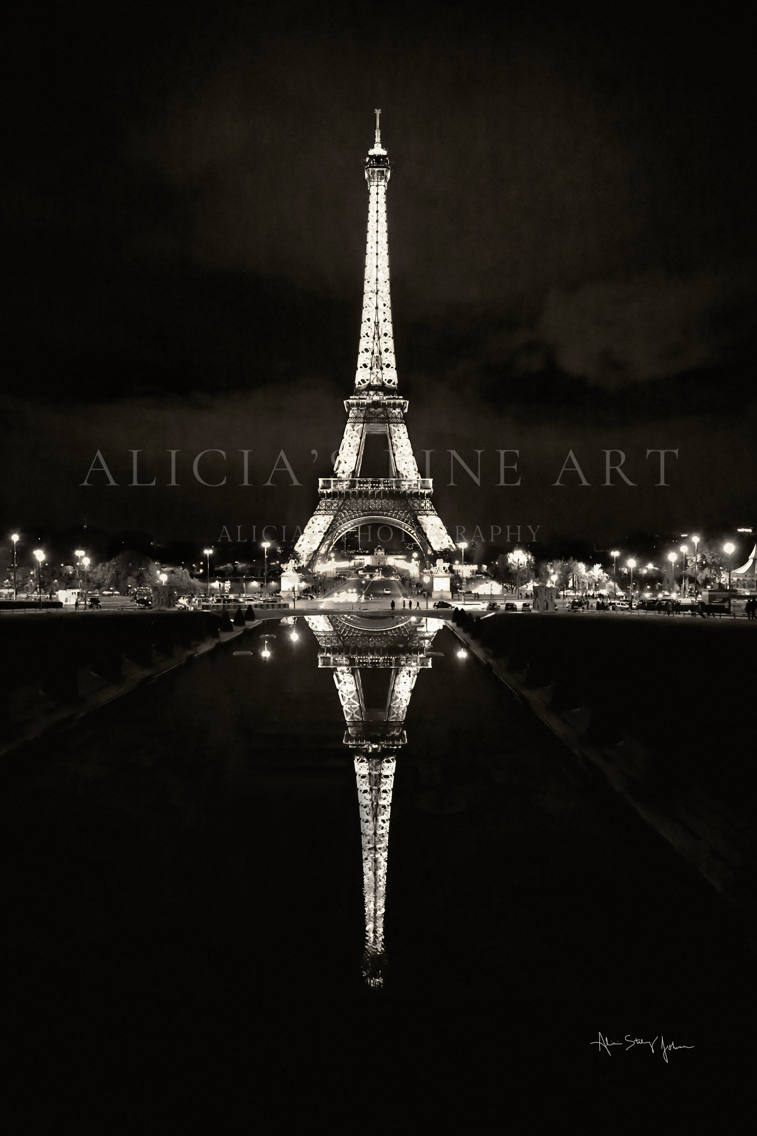Nocturnal Elegance Eiffel Tower at night with reflection Paris France Fine Art Print.jpg