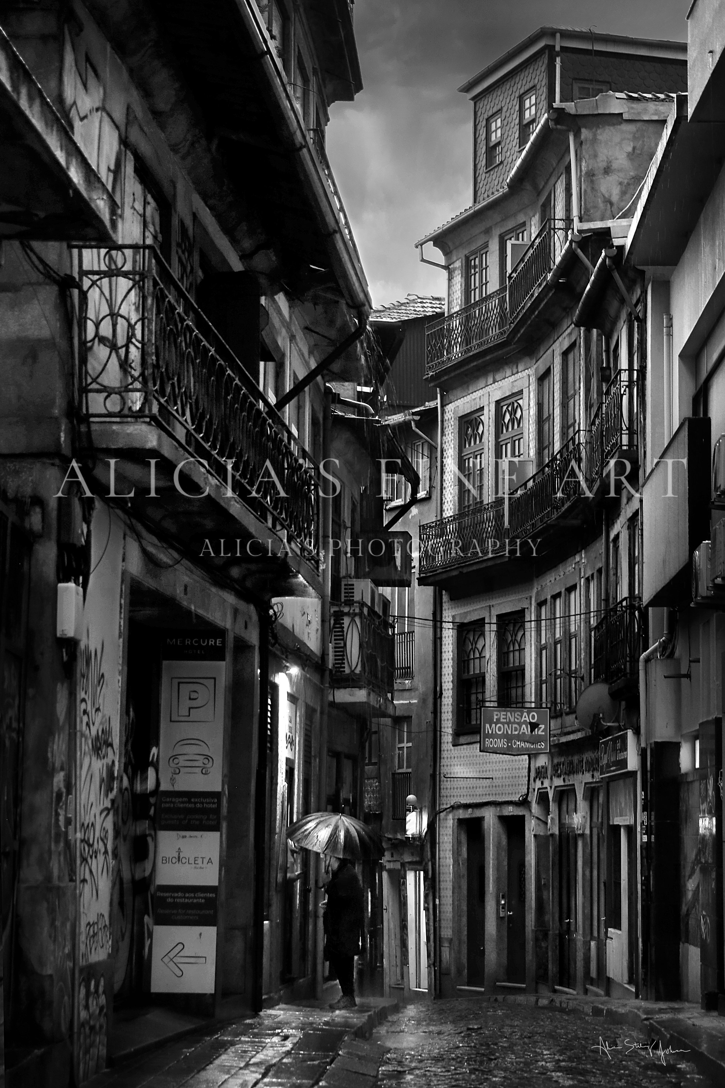 Porto Noir- Rainy Day Encounter bw Portugal Alley Rainy day Fine Art.jpg
