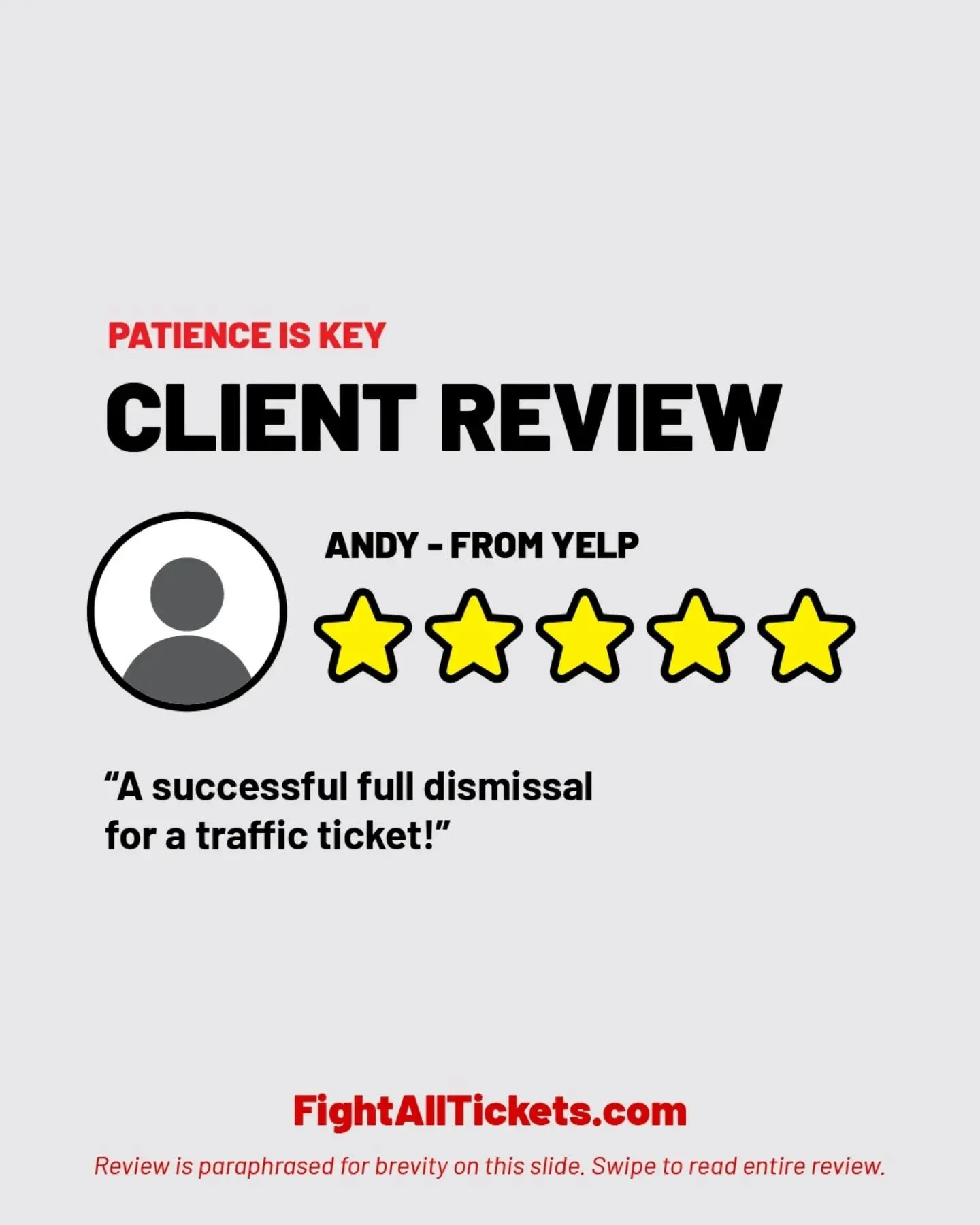 Thanks for the review Andy! 

Yes, the process is long in some cases. We won this case by using time to our advantage. Let's see how we can help you, send us your tickets!

FightAllTickets.com

#ticketattorney #law #traffic #5star