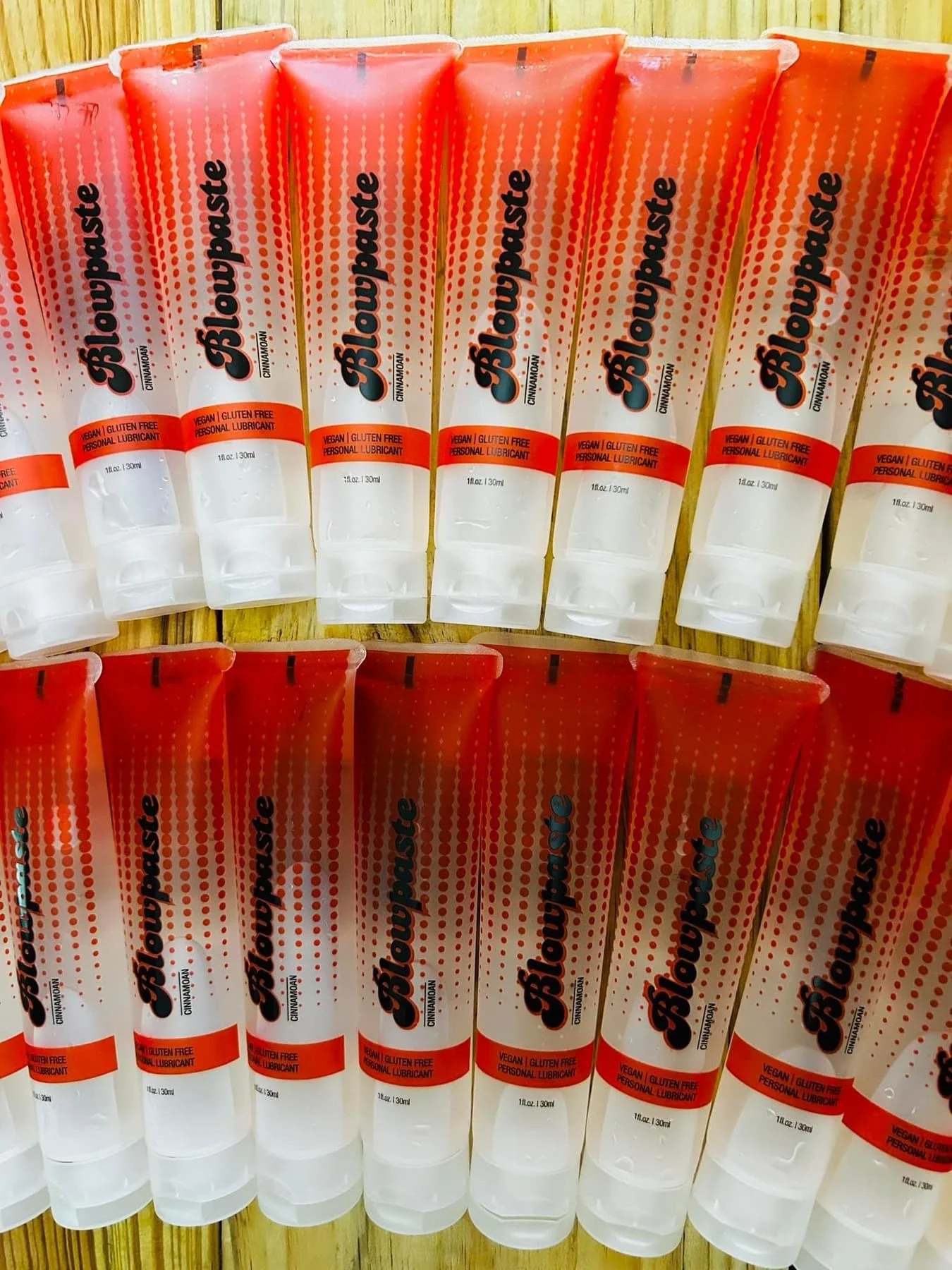 Blowpaste Cinnamoan edible vegan cinnamon flavored personal lubricant, a multitude of 1oz tubes ready to sell