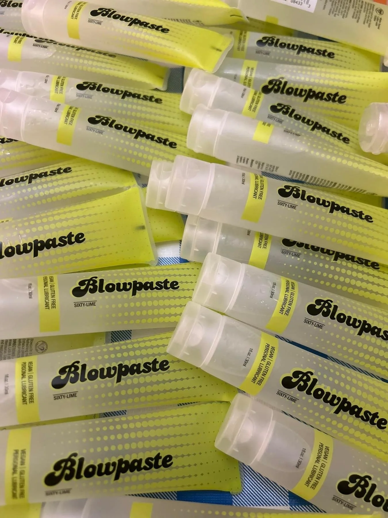Blowpaste Sixty-Lime edible vegan lime flavored personal lubricant, a multitude of 1oz tubes ready to sell