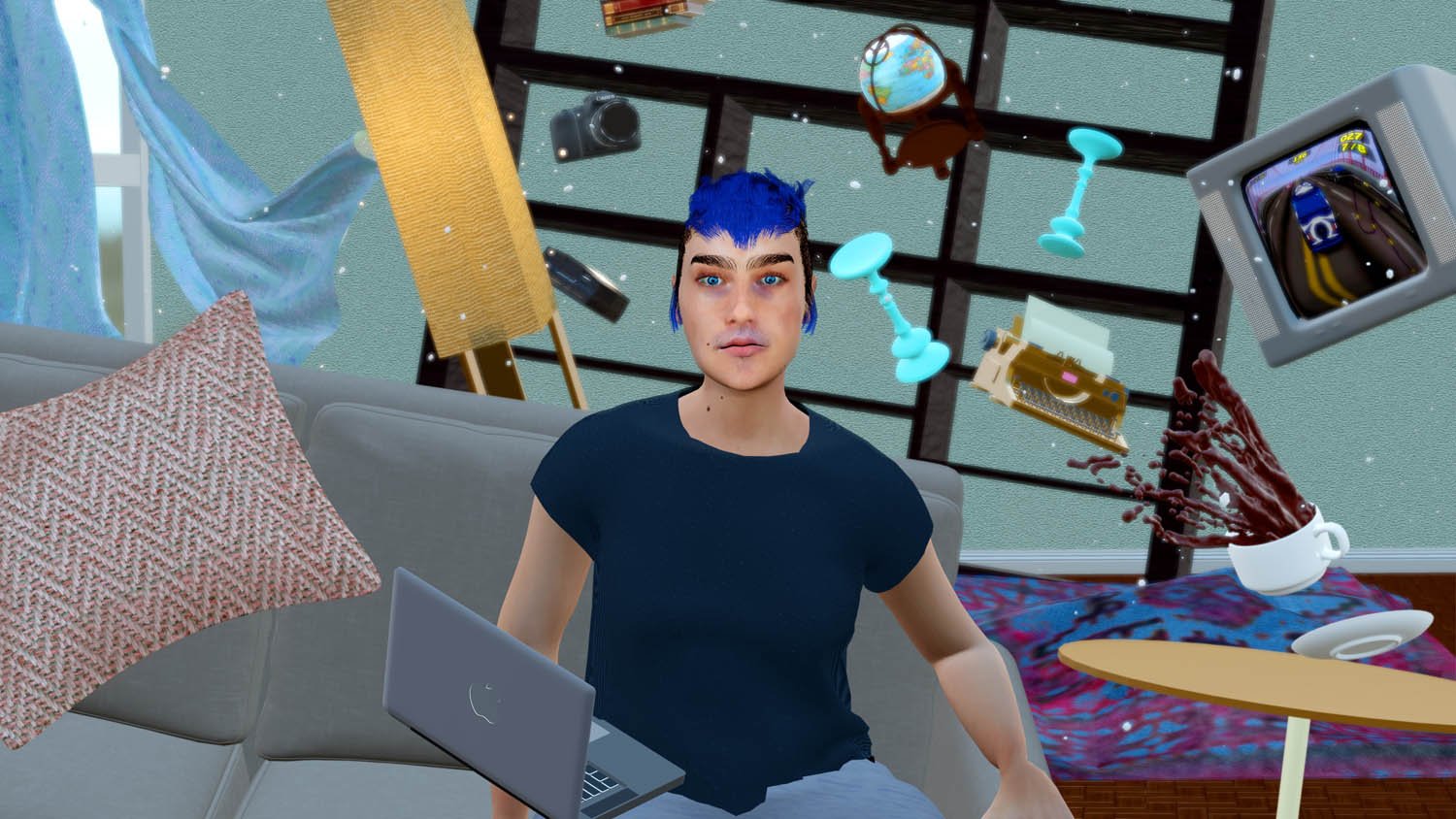 A 3D render of a human figure with blue hair sitting on a couch with a laptop. All of the objects in the room including the couch and laptop are floating at odd angles.