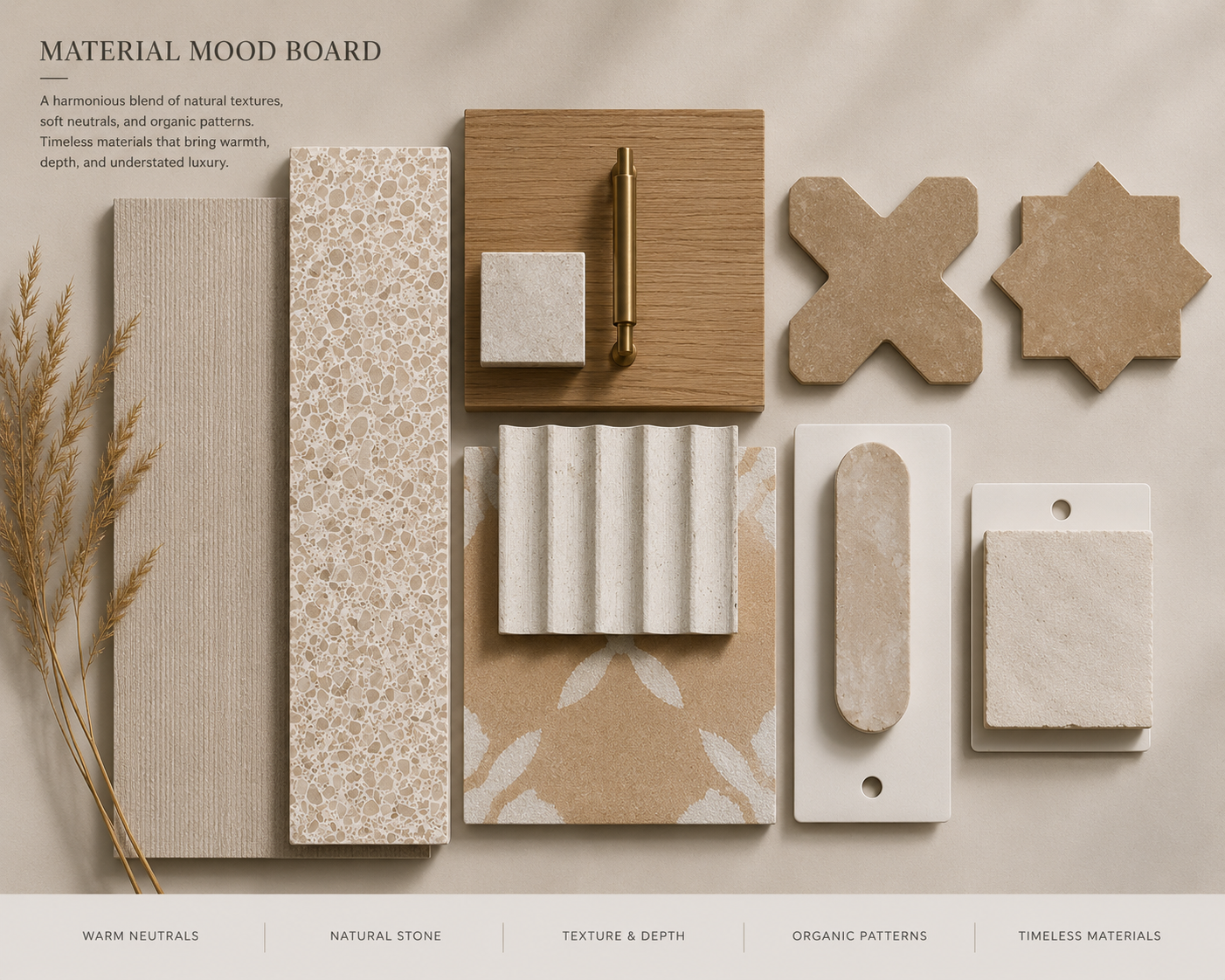 A display of various neutral-tone material samples including tiles, stone, and textured patterns laid out on a flat surface with labels such as 'Warm Neutrals,' 'Natural Stone,' 'Texture & Depth,' 'Organic Patterns,' and 'Timeless Materials.'