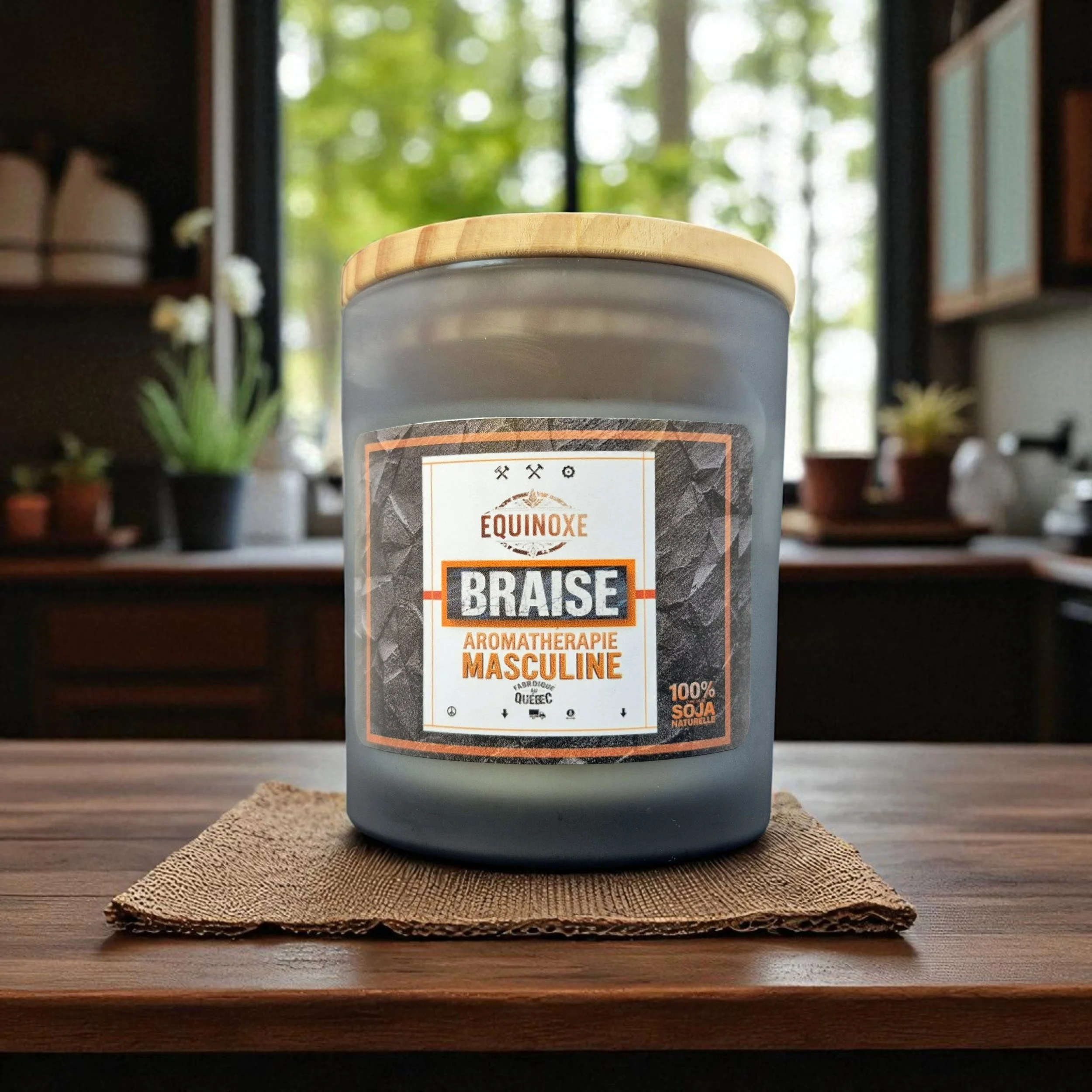 Chandelle masculine ÉQUINOXE BRAISE feu de camp aromathérapie Boutique Mon Éveil Québec
