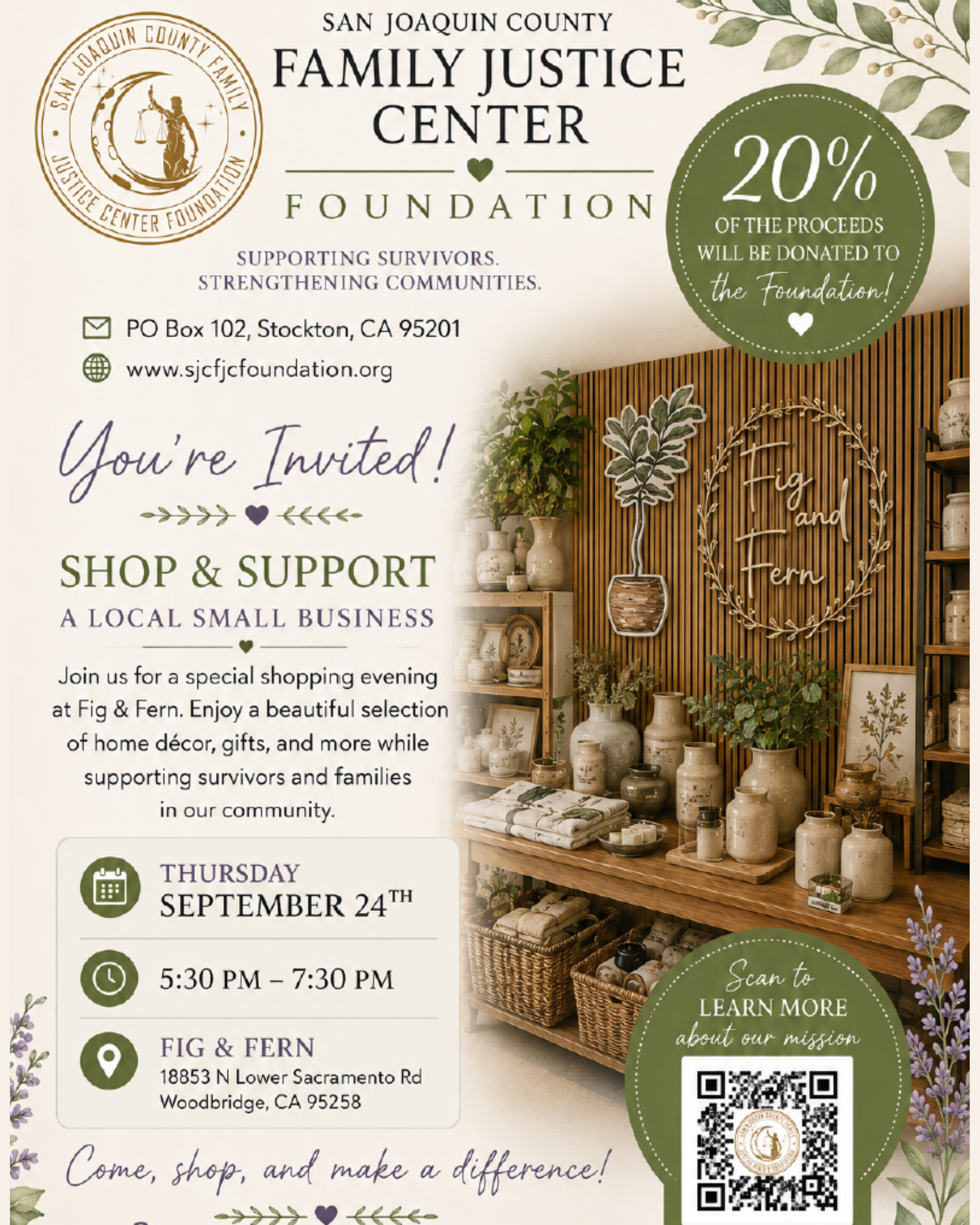 Shop &amp; Support:                          FJC Foundation Fundraiser at Fig &amp; Fern                           Woodbridge, CA