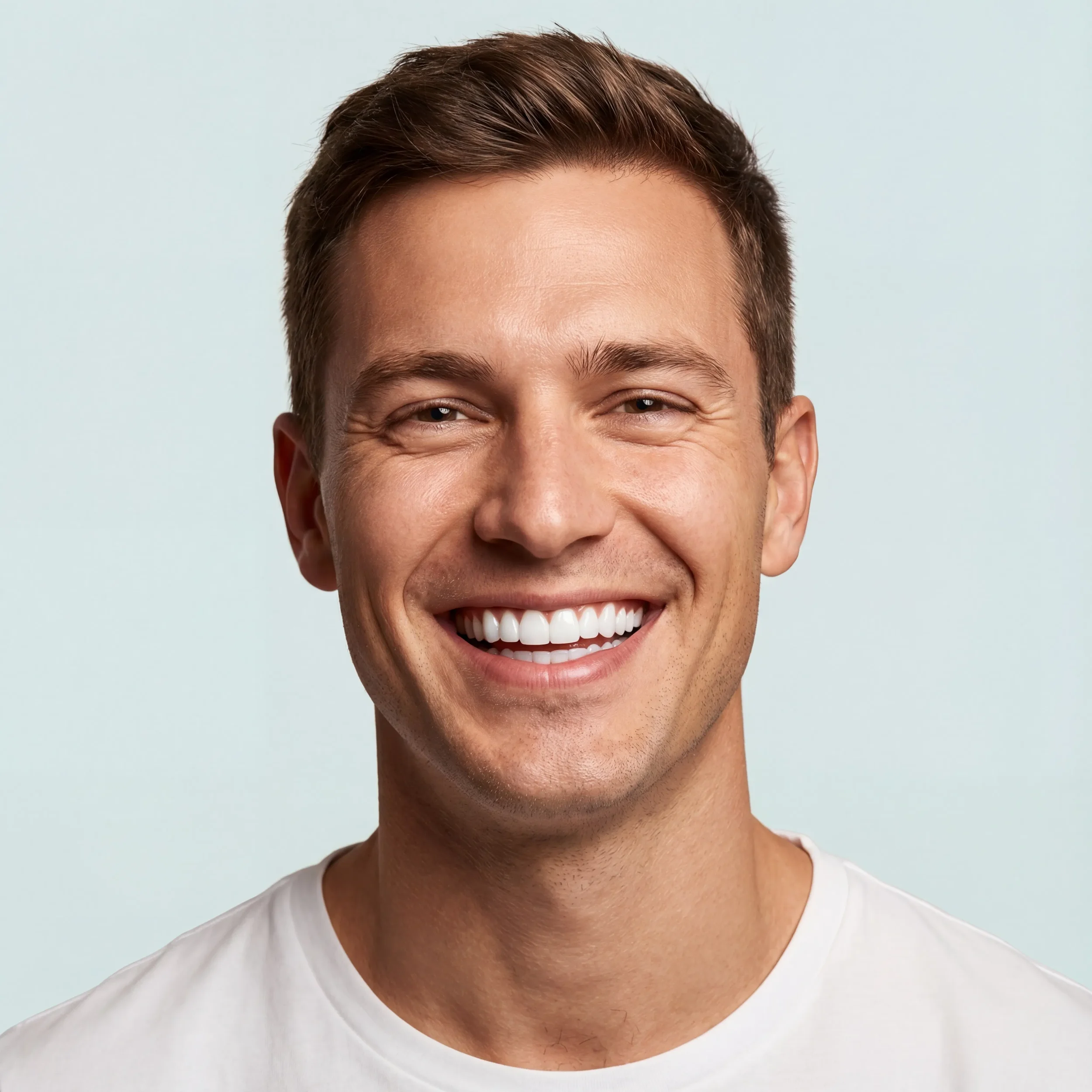 Man with flawless smile after receiving custom veneers for a natural look