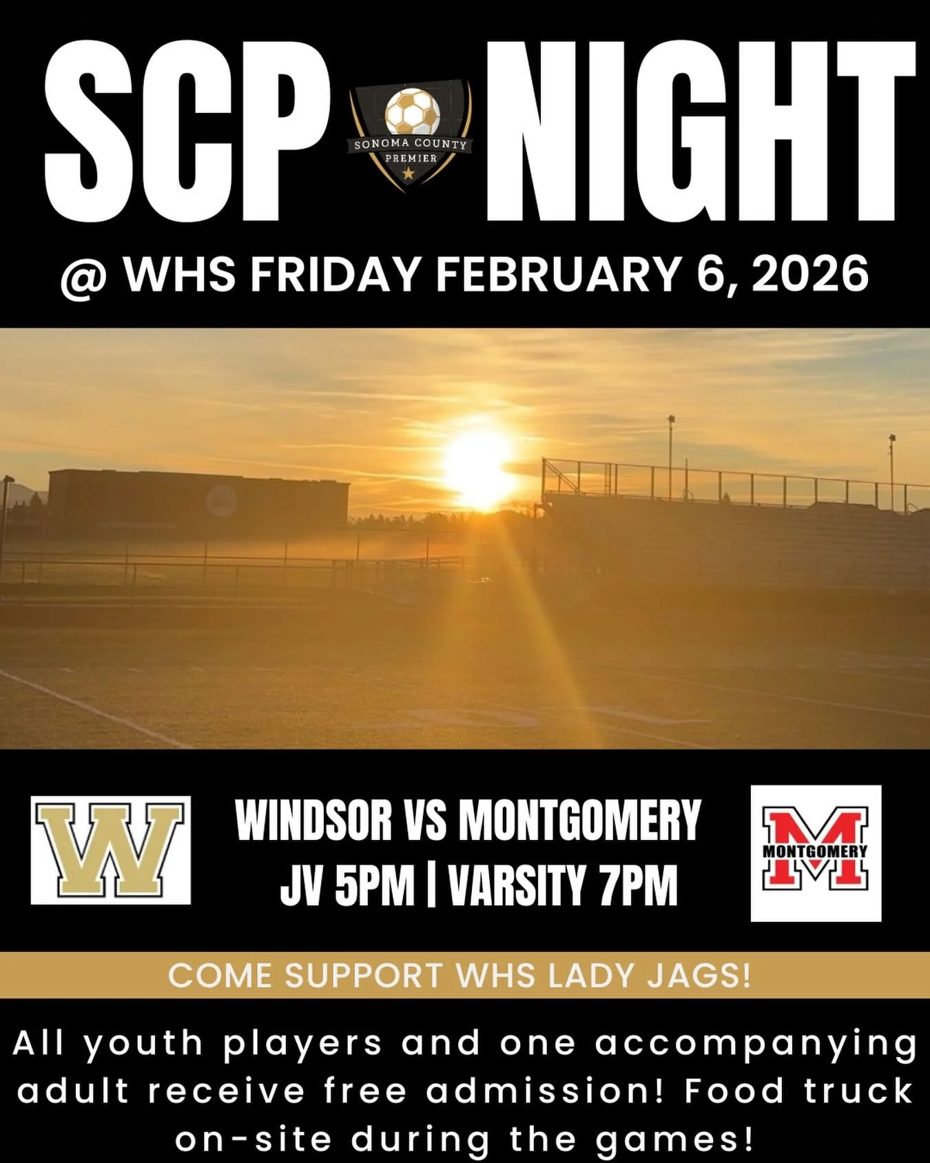🌟 SCP Night at WHS! 🌟
Join us Friday, February 6th as Windsor takes on Montgomery!
⚽ JV at 5PM | Varsity at 7PM
🎟️ All youth players + one adult get in FREE
🚚 Food truck on-site during the games

Come out and support the WHS Lady Jags! 🐆💛🖤
Wea