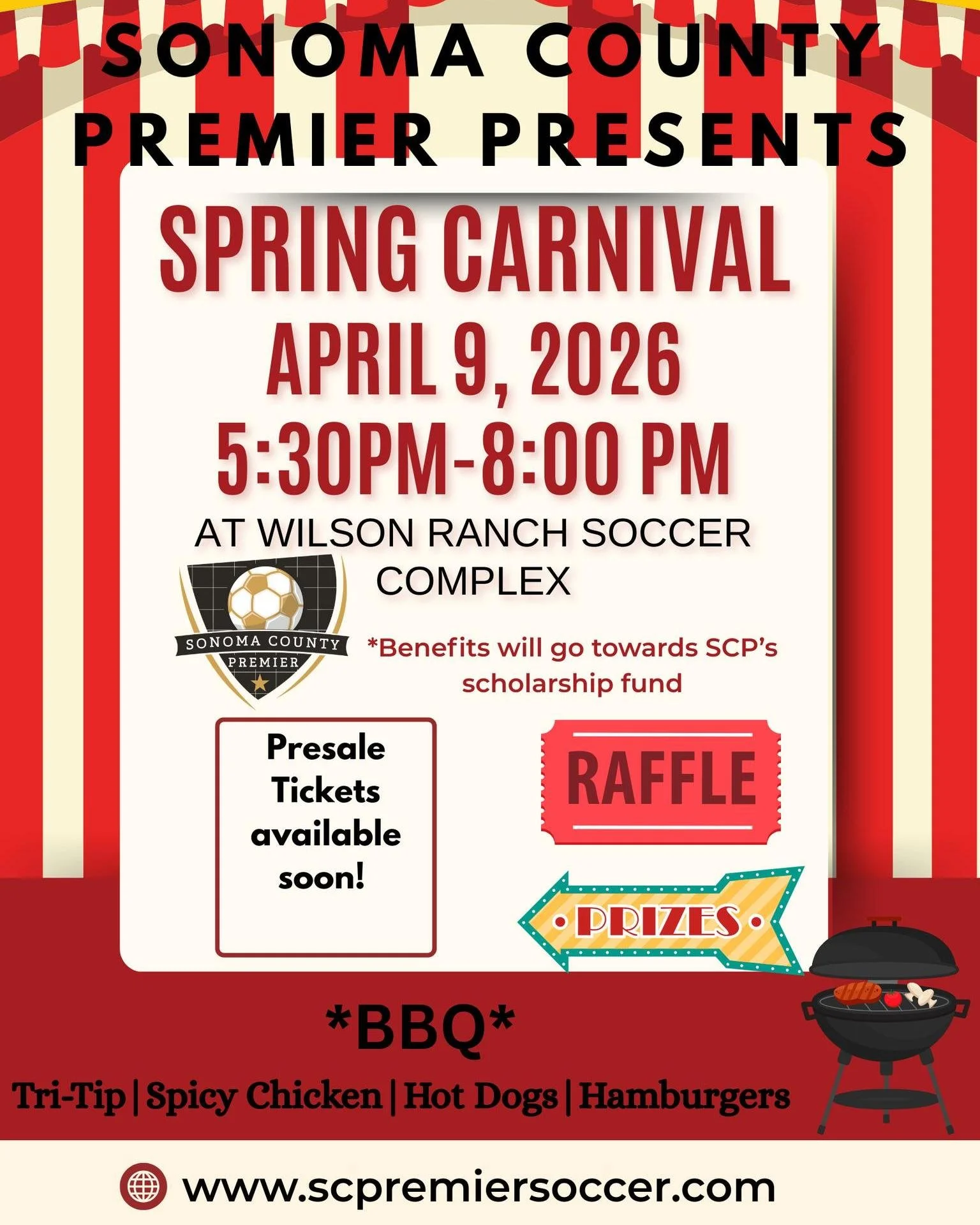 🎪 Mark your calendars! 🎪

SCP Spring Carnival
📅 April 9, 2026
📍 Wilson Ranch Soccer Complex

BBQ &bull; Raffle &bull; Prizes &bull; Community Fun

More details coming soon &mdash; stay tuned!