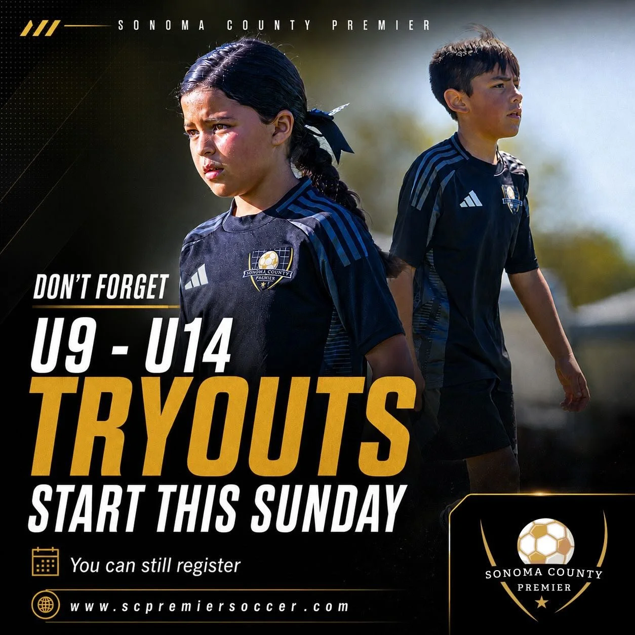 ⚽️ SOCCER TRYOUTS STARTING SUNDAY⚽️
Don&rsquo;t miss your chance to join Sonoma County Premier for the 2026/27 season!

📅 This Week&rsquo;s Schedule (Boys &amp; Girls 2018&ndash;2013):

Sunday, May 3rd
&bull; 2018&ndash;2016: 9:00&ndash;10:15 AM
&bu
