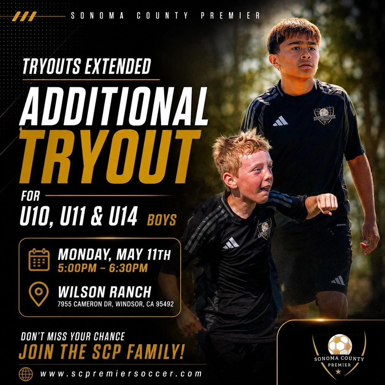 Missed tryouts? We&rsquo;re looking for a few more players for select boys teams. Link to register at scpremiersoccer.com