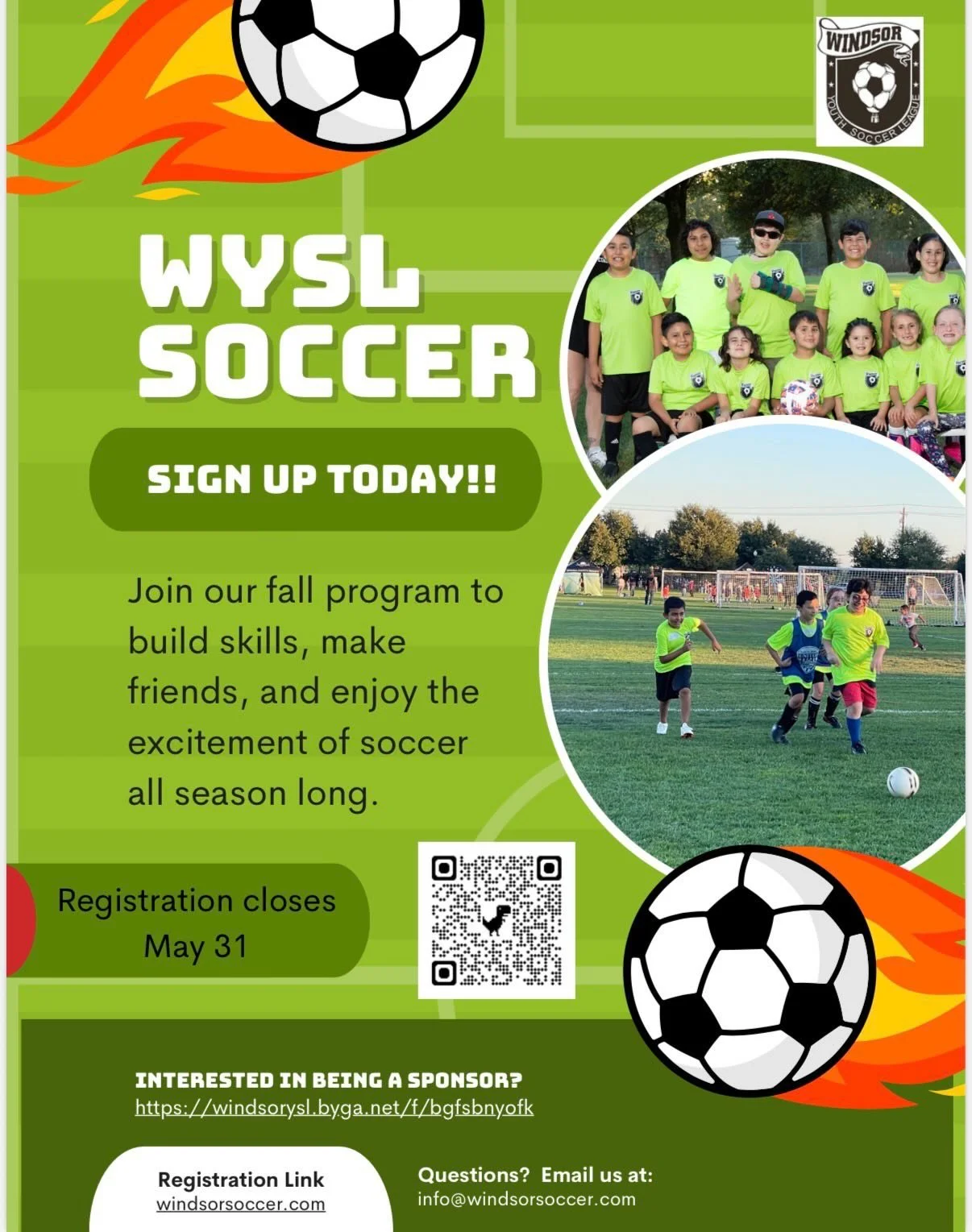 ⚽️Not ready for competitive soccer just quite yet? (We do have space on our younger teams 😉😉)

WYSL Fall Soccer registration is open! 

Come join the fun this fall season with Windsor Youth Soccer League! Players will build skills, make new friends