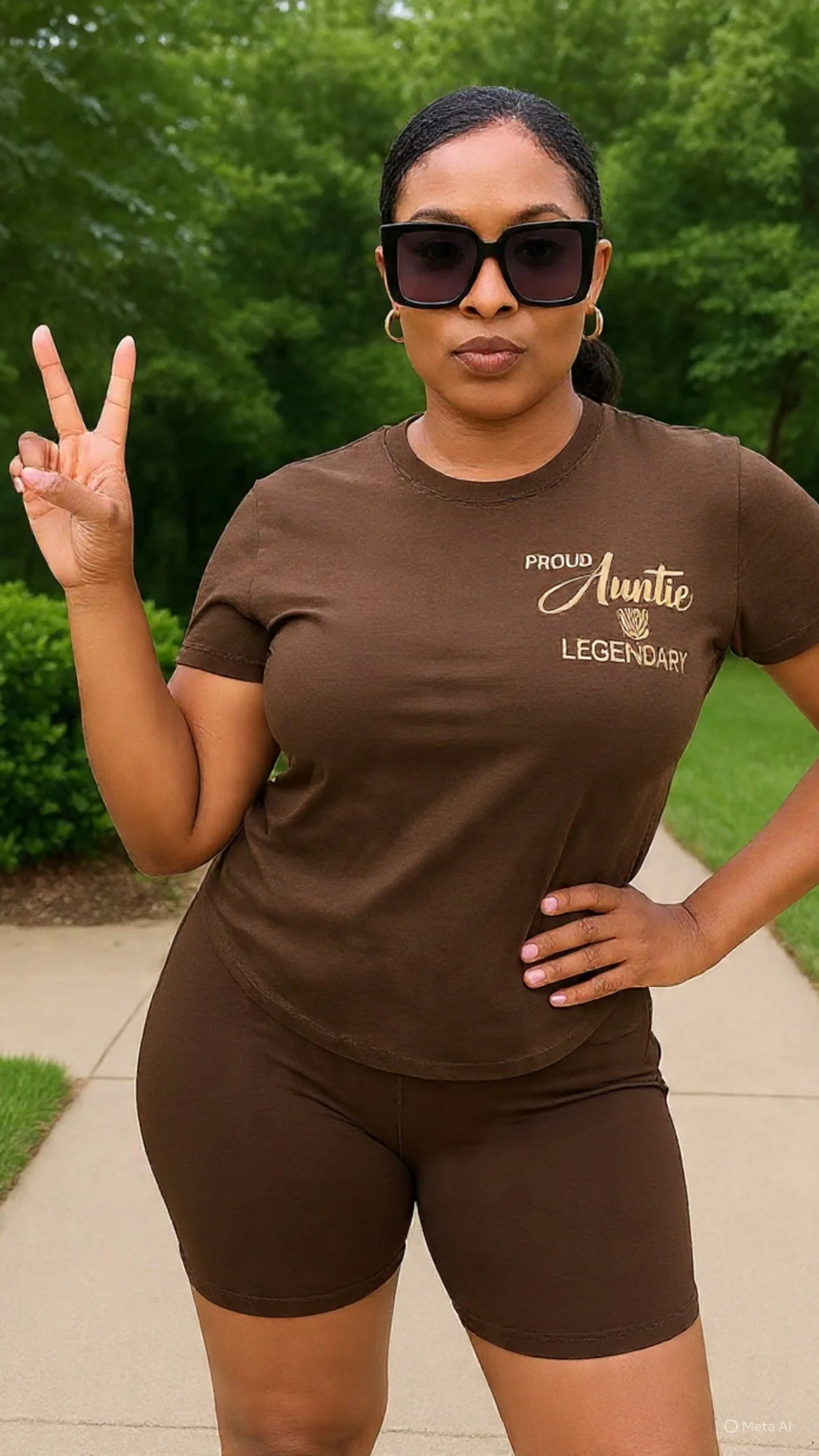 A woman standing outdoors on a sidewalk in front of green trees, wearing a brown t-shirt and shorts, sunglasses, and making a peace sign with her right hand.