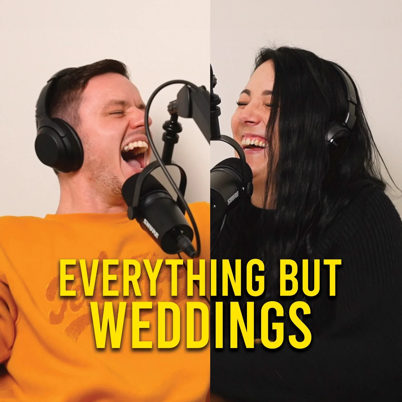 Brad and Karina recording the Everything But Weddings podcast