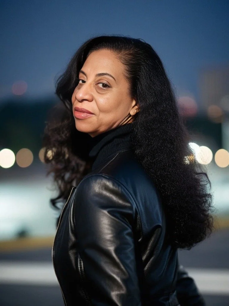 A woman with curly black hair, wearing a black leather jacket, standing outdoors at dusk with city lights in the background.