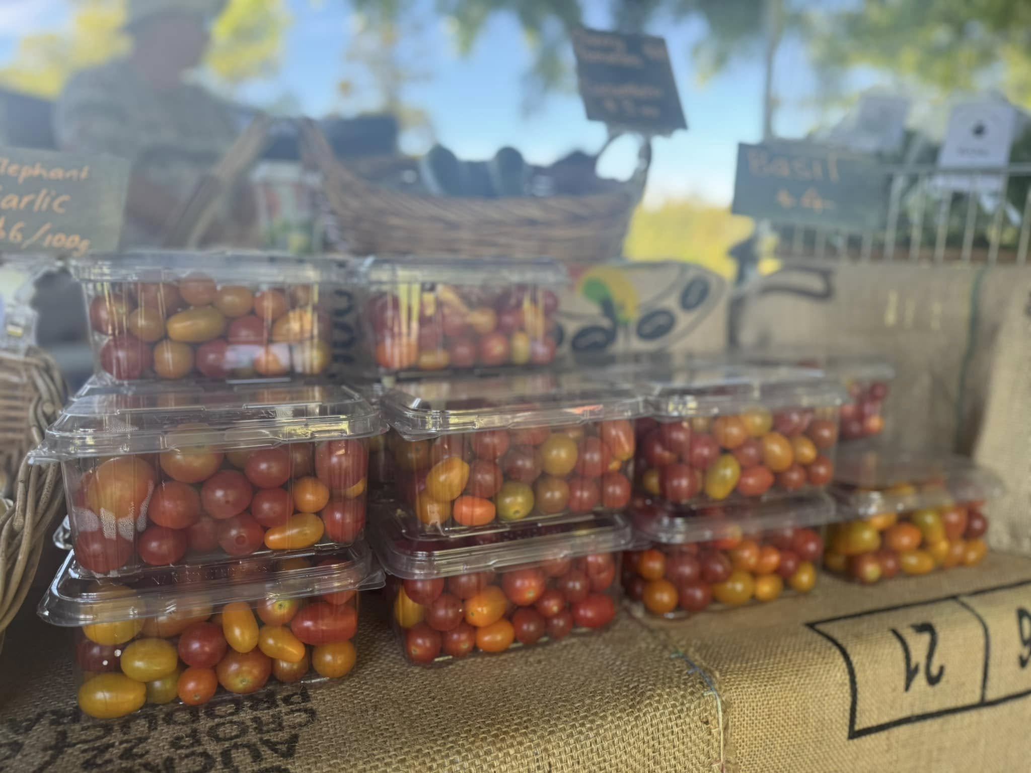 Containers of assorted cherry tomatoes stacked on display at a market stall.