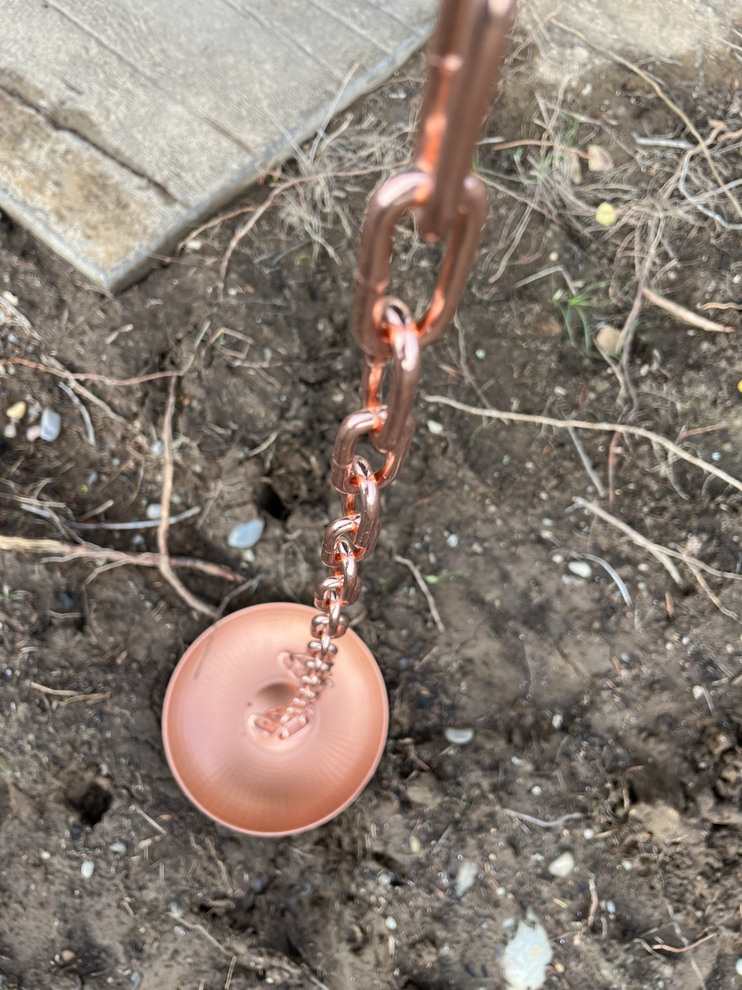 Close-up of a pinkish soy sauce bottle cap attached to a copper-colored chain hanging against a background of dirt and small plants.