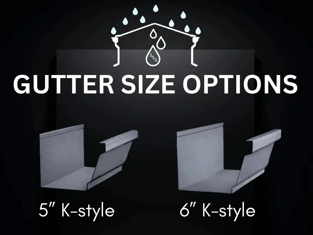 Diagram comparing two gutter size options, 5-inch and 6-inch K-style, with illustrations of both gutter sizes.