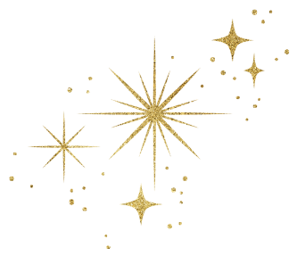 Gold and glittery fireworks and stars on a black background.