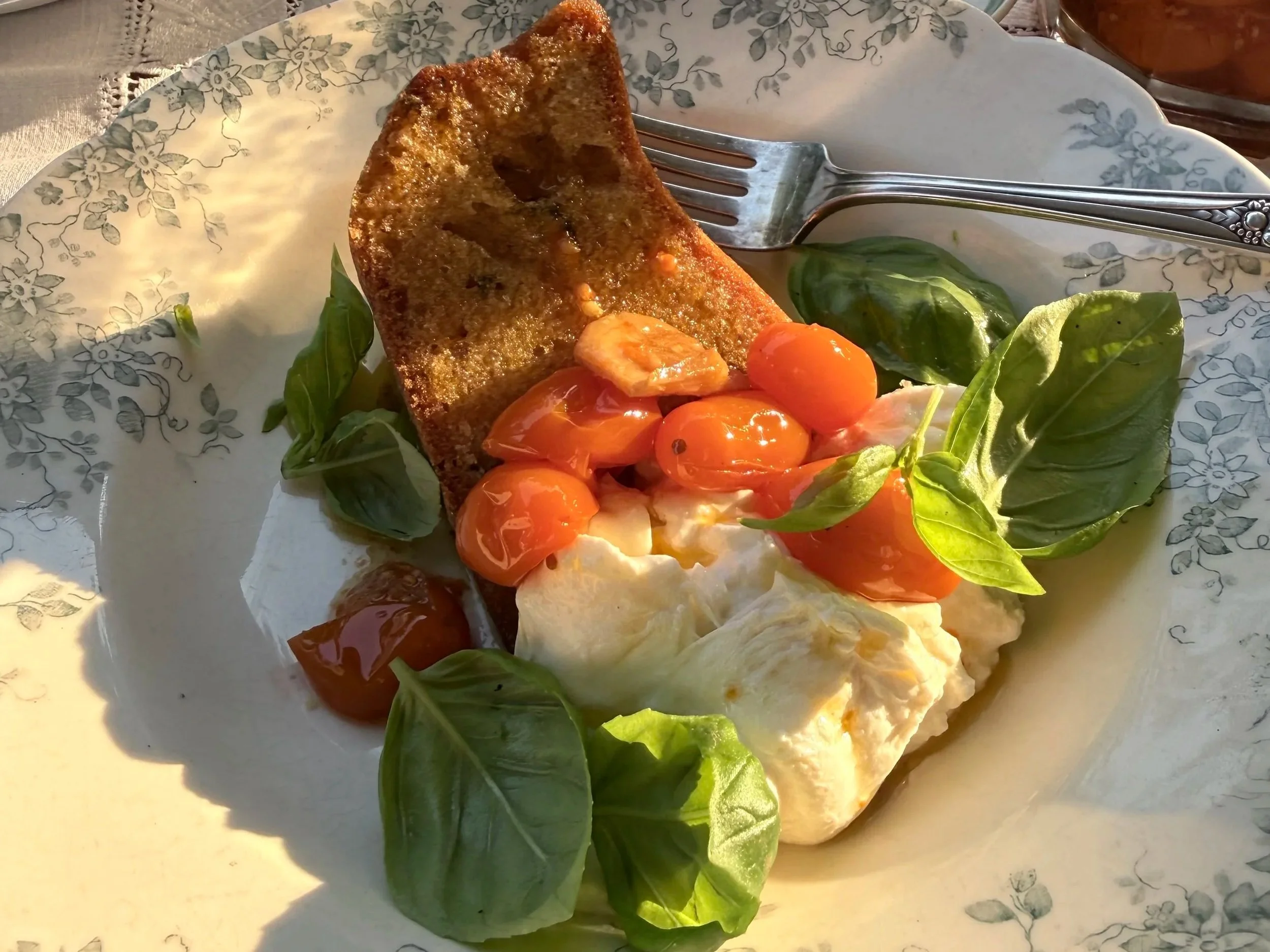 Savory garlic and basil olive oil cake with tomato confit and burrata