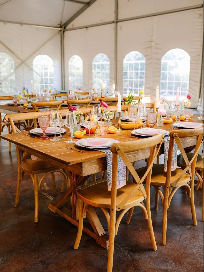 Fall is in the air 🍂 and our Farmhouse Tables + Crossback Chairs are ready to bring cozy charm to your next private event!

Styled to perfection with stunning tabletop decor and dishes by @cathauscollective, and beautifully captured by @1836photogra