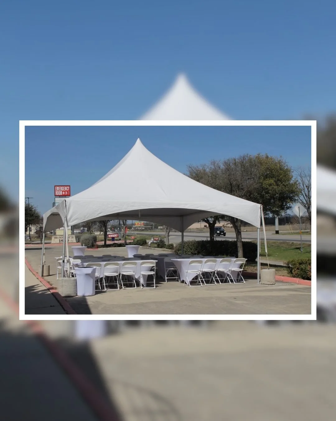 Simple, clean, and ready for guests.

We loved setting up this corporate event for Conviva Senior Care Center here in New Braunfels. A 20&rsquo; x 20&rsquo; High Peak Tent with classic white linens makes any gathering feel polished and organized with