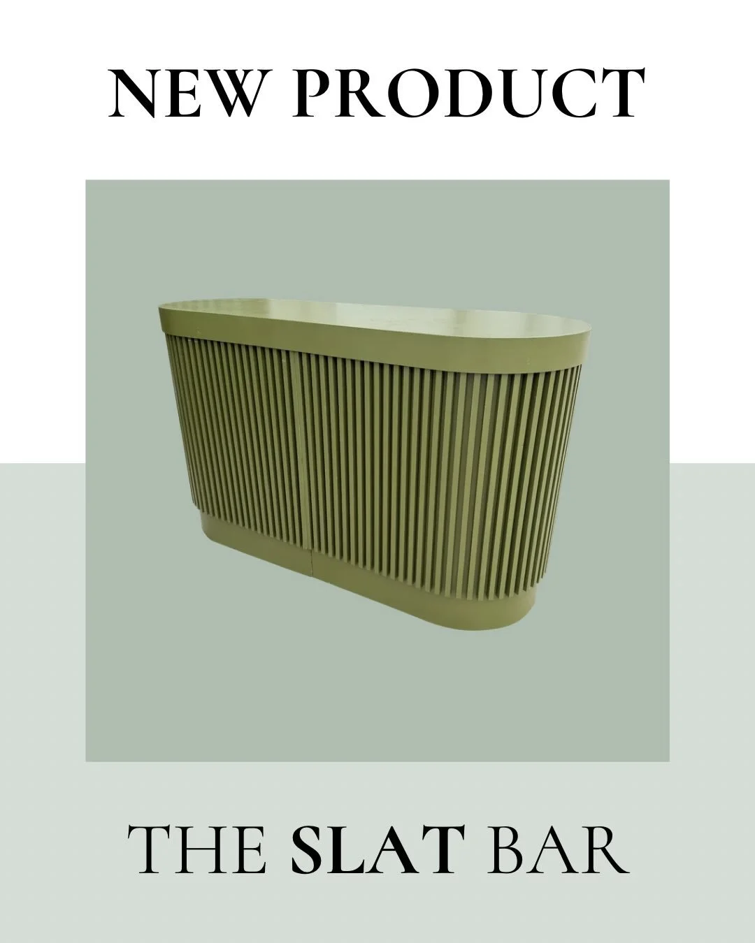 A sleek 6ft modern bar featuring a curved silhouette and vertical slat detailing, finished in a rich olive tone. The back side includes built-in shelving for bartenders, making it both stylish and functional for weddings, cocktail hours, and upscale 