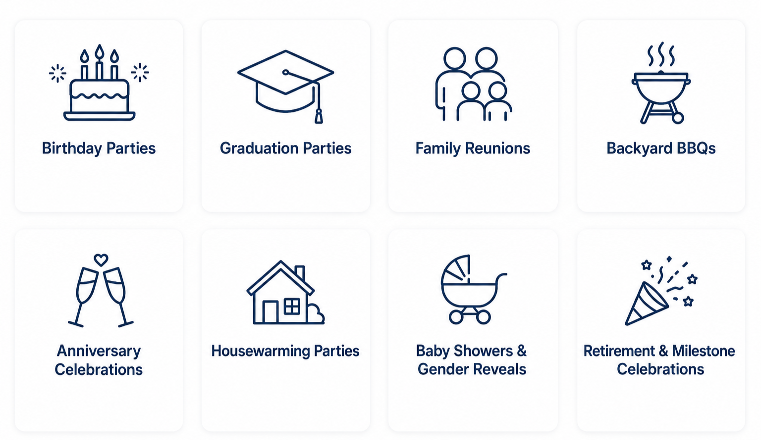 A grid of icons representing different types of celebrations: birthday parties with a cake, graduation parties with a mortarboard, family reunions with a group of people, backyard BBQs with a grill, anniversary celebrations with clinking glasses, housewarming parties with a house, baby showers and gender reveals with a stroller, retirement and milestone celebrations with a party popper.