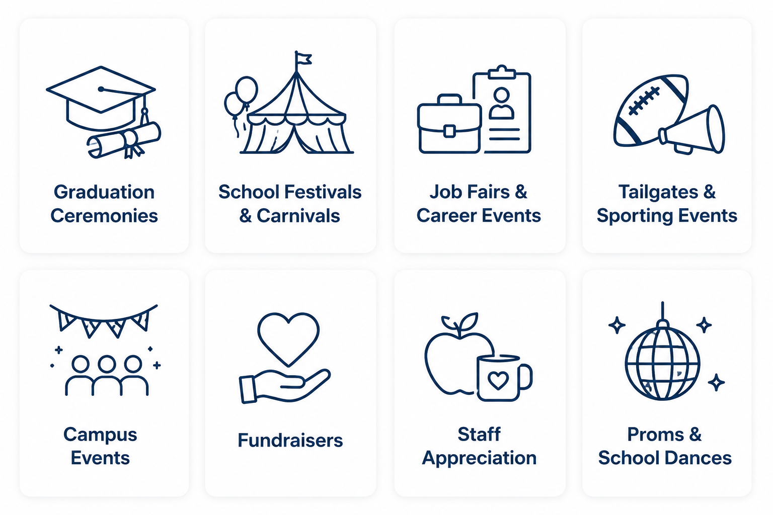 Icons representing various school-related events: graduation ceremonies, school festivals and carnivals, job fairs and career events, tailgates and sporting events, campus events, fundraisers, staff appreciation, and prom and school dances.