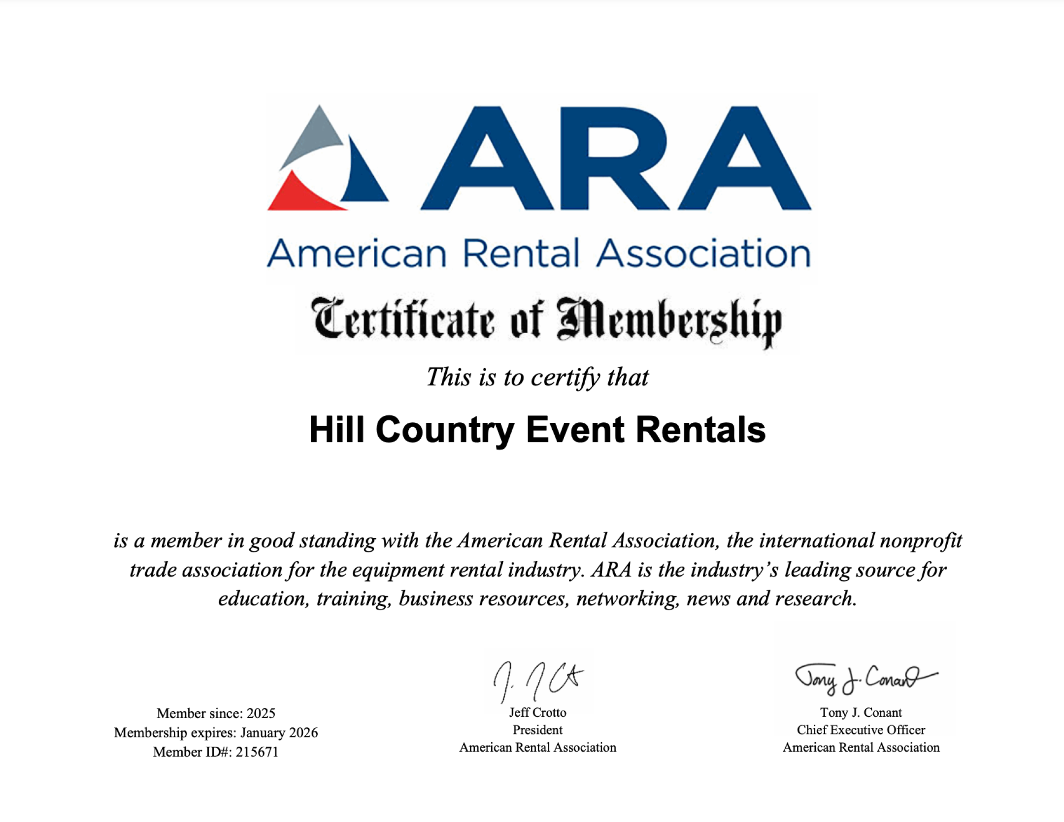 Certificate of membership from the American Rental Association for Hill Country Event Rentals with signatures and member details.