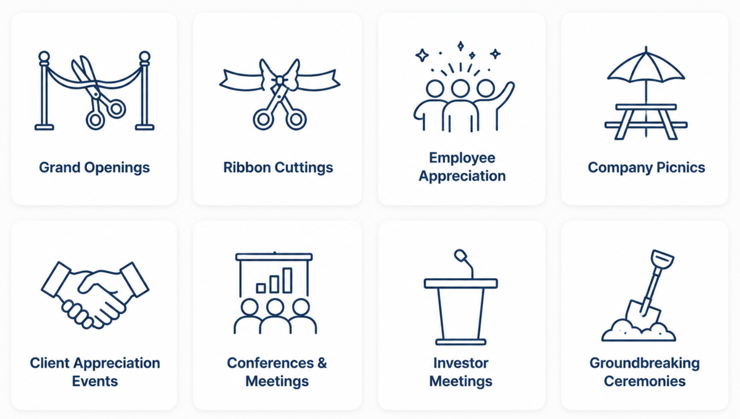 Icons representing various corporate events, including grand openings, ribbon cuttings, employee appreciation, company picnics, client appreciation events, conferences and meetings, investor meetings, and groundbreaking ceremonies.