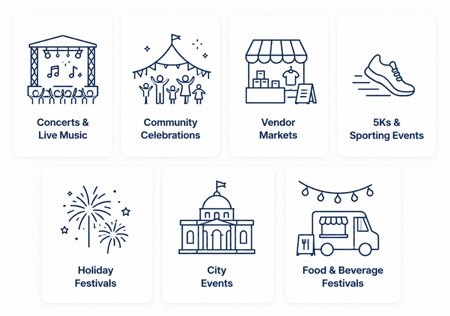 Icons depicting various community events: concerts and live music, community celebrations, vendor markets, 5Ks and sporting events, holiday festivals, city events, and food and beverage festivals.