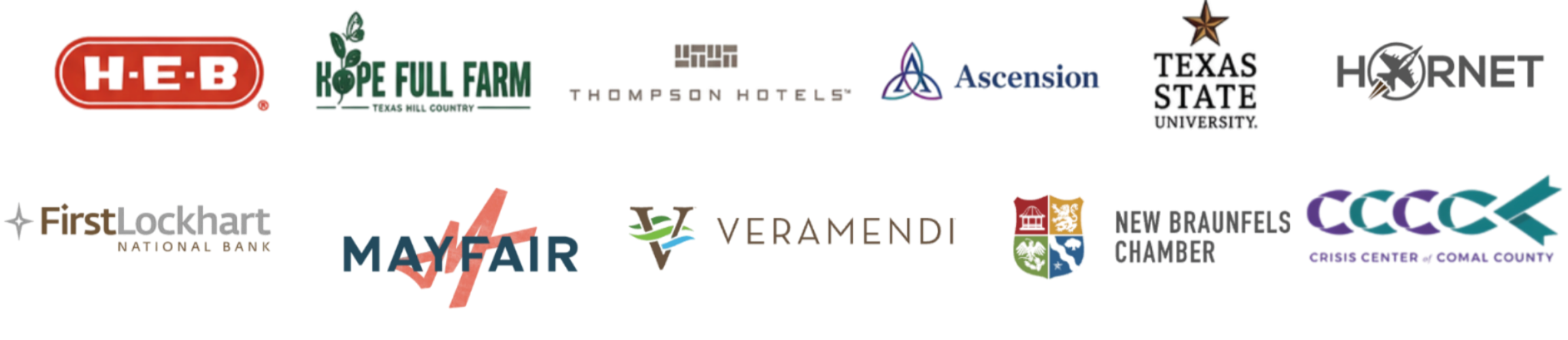 A colorful website navigation bar featuring logos and names of various universities and academic institutions, including YHEB, Home Full Fame, Thesis | Dissertation, Ascension, Texas State University, Hornet, First Lockhart, Mayfair, Veramendi, New Braunfels Chamber, and CEC.