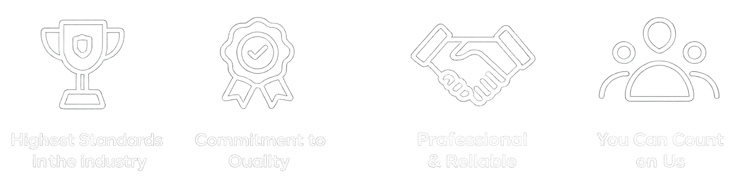 Icons with text promoting industry standards, quality commitment, professionalism, and reliability.