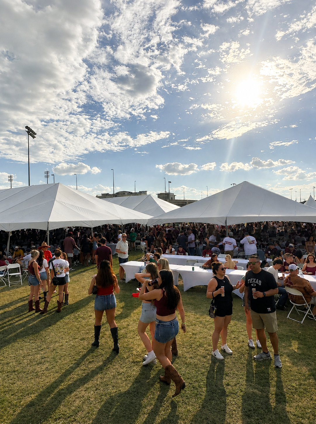 People gathered outdoors under white tents on a sunny day, with a large crowd sitting at long tables and others standing, with a sports field and stadium lights in the background.