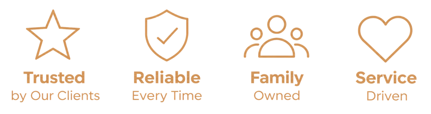 Icons with text highlighting the values: trusted by our clients, reliable every time, family owned, and service driven.